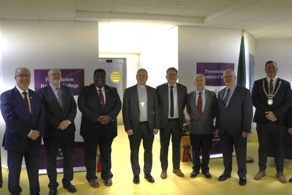 Br. Martin Kenneally (Congregation Leadership Team), Michael Sexton (CEO of PBST), Br. Barry Noel (Congregation Leader), Bishop Fintan Gavin, David Barry (Principal), Br. Rupert O’Sullivan (Congregation Leadership Team), Jack O’Sullivan (Chairman BoM at P.B.C.) & Neil O’Donovan (President PPU)
