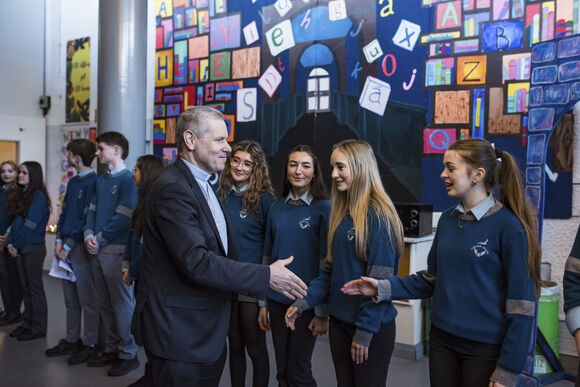Bishop Fintan greeted by students at Colaiste Choilm Ballincollig