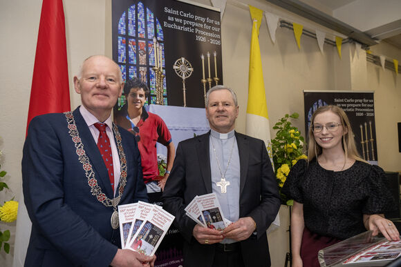 FREE PIC - NO REPRO FEE - May 6, 2026A series of events to mark the centenary of Cork’s Eucharistic Procession were launched by Bishop Fintan Gavin, Cllr John Sheehan, deputising for the Lord Mayor of Cork and Sheila Kelleher, co-ordinator of Youth Ministry at the Cathedral of St. Mary and St. Anne — the North Cathedral in the city. The relics of Saint Carlo Acutis — the first millennial saint — will visit the Diocese of Cork and Ross as part of the preparations for the 100th anniversary of the Eucharistic Procession on Sunday, 7th June.Pic: Brian Lougheed