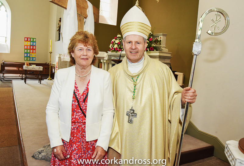 Mary O'Halloran, chairperson of the parish assembly, with Bishop Fintan Gavin at Ballygarvan Church for its bi-centenary.
