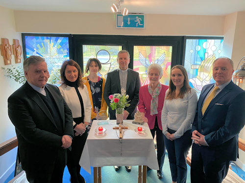 Bishop Fintan blesses new School Prayer Room Incl, Fr. Noel O’Sullivan Turners Cross, Ms. Richel Long School Principal, Deputy Principals Francis Kerrigan & Dr. Caroline O’Sullivan Ryan, Sr. Mary Dineen PBVM and Mr. Paul Kelly Diocesan Co-ordinator for Post Primary Schools