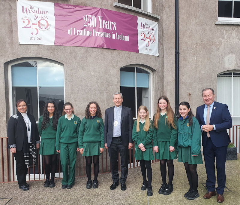 Bishop Fintan and students of St. Angela’s College with Deputy Principal, Edel O’Donovan and School Principal, Pat Curran