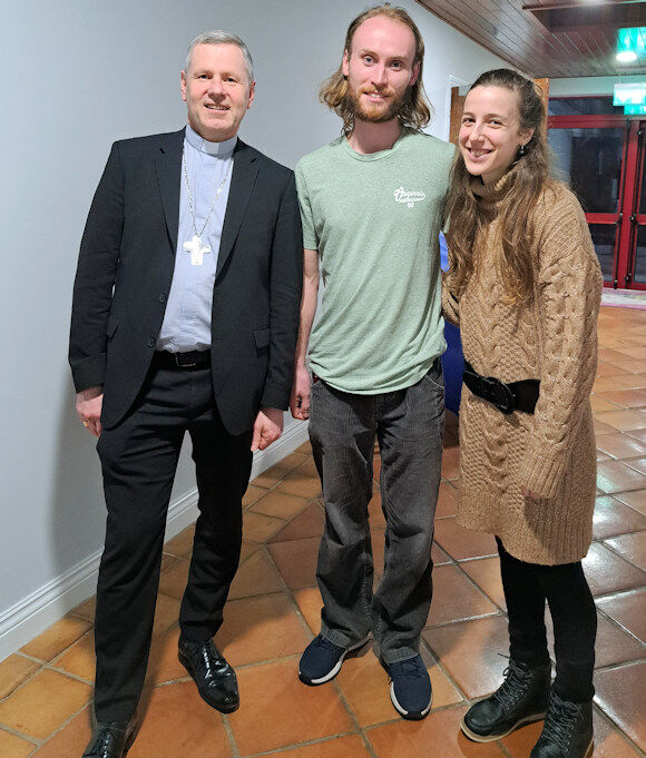 Bishop Fintan Gavin with Sycamore attendees Marie-Clare Hayden and Ryan O'Sullivan Keating