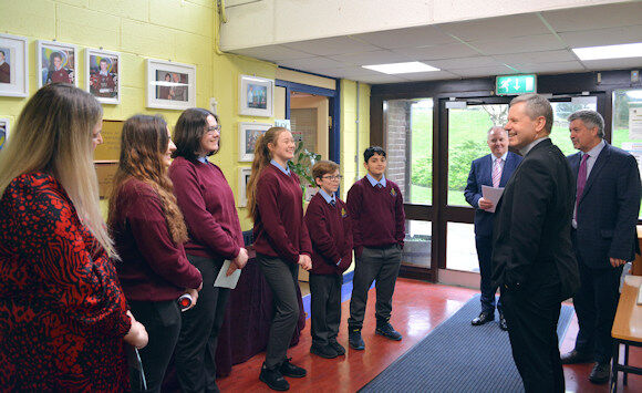 Bishop Fintan is welcomed by members of the Student Council in Mayfield Community School and School Principal, Mr. Kieran Golden