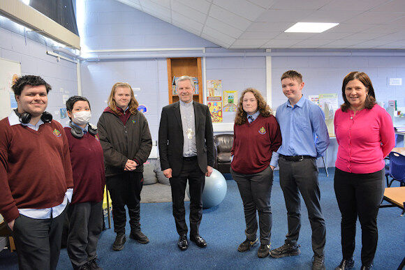 Bishop Fintan with students and teacher, Ms. Siobhan Carne