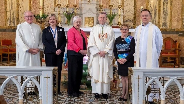 Fr Jack Twomey OFM. Cap, Dr Mary Forde, ADON, Margaret McHugh (Group Director of Nursing), Bishop Fintan Gavin, Ber Mulcahy (Director of Nursing) Fr Dwayne Gavin