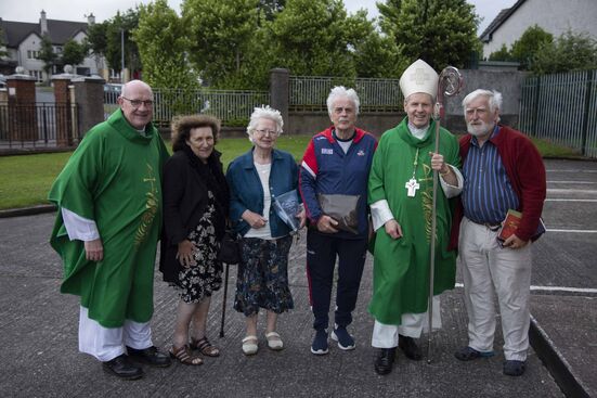 Bishop Fintan with Fr. Tomás Walsh SMA Co-PP with parishioners after Mass in Gurranabraher.