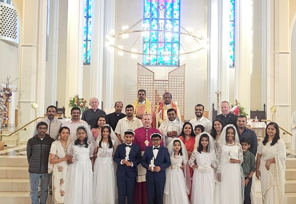 Bishop Fintan with First Holy Communicants in the Syro Malankara Community.  Also included are Fr. John O’Donovan C0-PP, Fr. Sean Crowley CC, Fr. Cherian Thazamon, Fr, Shinu Varghese CC and Fr. Paul Thettayil IC.