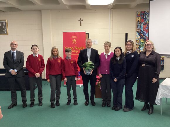 Bishop Fintan is welcomed by representatives of Nano Nagle College Student Council, Mr. Adrian Gibbs (Principal), Sarah Curtin (Deputy Principal) and Sr. Ena (Presentation Sisters)