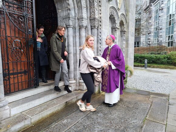 Bishop Fintan greets students and staff after the Ash Wednesday Mass