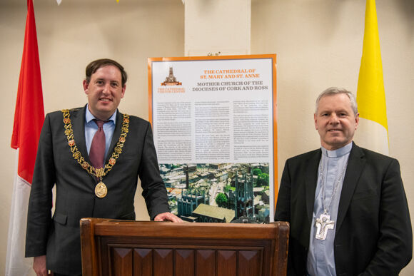 Cllr. Kieran McCarthy, Lord Mayor of Cork and Bishop Fintan Gavin. at the launch of the 98th Cork Eucharistic Procession. Pic: Brian Lougheed.
