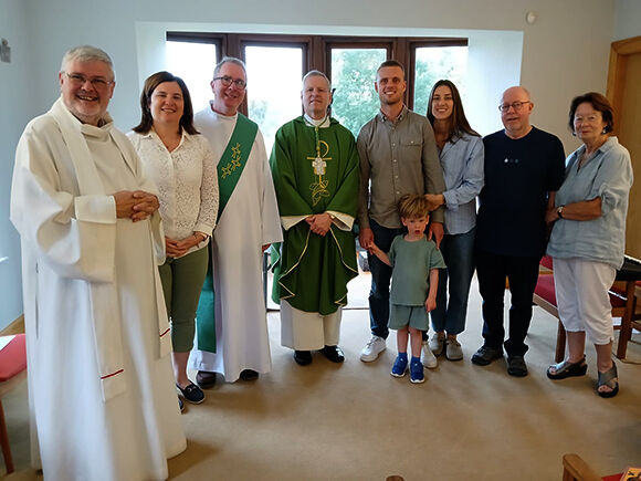 At the retreat for Permanet Deacons and their families were From left to right:Fr Bernard Cotter, Siobhan and Deacon David Lane, Bishop Fintan, Gerard and Katie Hanley and their son John (retreat leaders), Deacon Frank and Rena McKevitt.