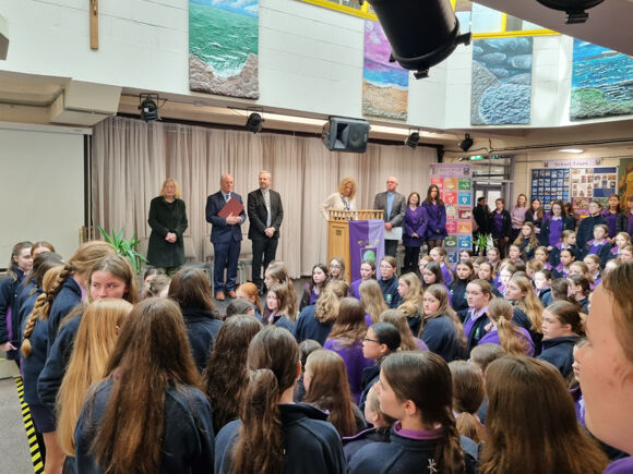 Students and staff of Regina Mundi College welcome Bishop Fintan