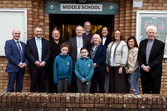 Bishop Fintan is welcomed to Holy Well National School in Carrigaline.