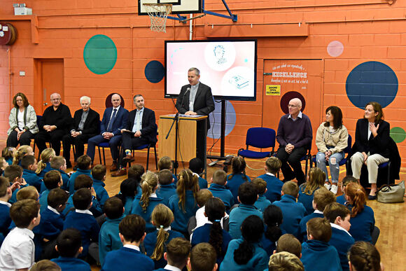 Bishop Fintan's addresses the school community during a visit to Holy Well National School.