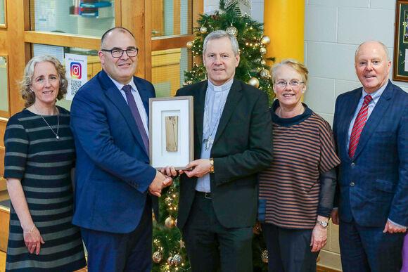 Elaine O'Sullivan Chaplain, Niall Murphy Principal, Bishop Fintan, Fiona Nic Chárthaigh Deputy Principal, Paul Kelly, Diocesan Coordinator of RE in Post-primary Schools