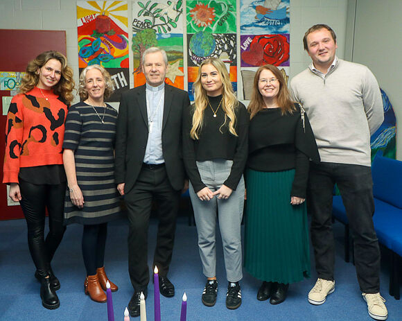 MICC RE Dept.: Maria Moynihan, Elaine O'Sullivan, Orlaith Sheehan, Trish Kiely and Jack O'Sullivan with Bishop Fintan