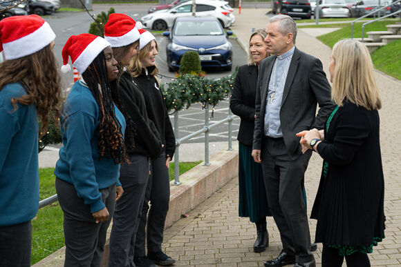 Bishop Fintan was warmly welcomed by members of the 4th Year Meitheal Team