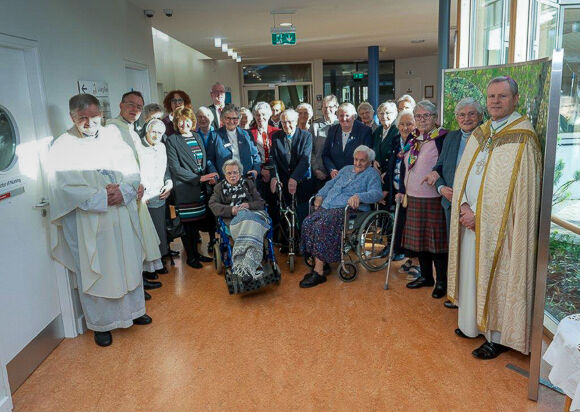 Bishop Fintan with residents, staff, chaplains and Sisters at Mount Desert Care Village.