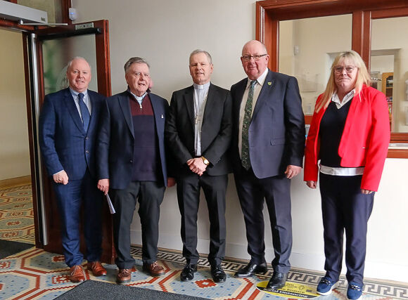 Paul Kelly (Diocesan Coordinator for Post Primary), Fr Noel O Sullivan, Bishop Fintan, Pádraig Mac An Ri (Principal), Maria Walk (Chairperson of CCRí Board of Management)