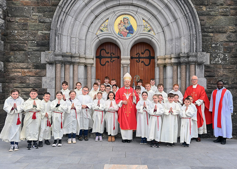 Bishop of Cork and Ross Fintan Gavin pictured with altar servers in the Church of the Nativity of the Blessed Virgin Mary, Timoleague following the Confirmation ceremony.  Also included are Canon John Kingston, Co-PP and Fr. Pontianus Jafla who was Master of Ceremonies. Photo: Martin Walsh.