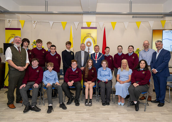 Bishop Fintan Gavin, Cllr. Tony Fitzgerald, with members of Mayfield Community School choir.Pic: Brian Lougheed