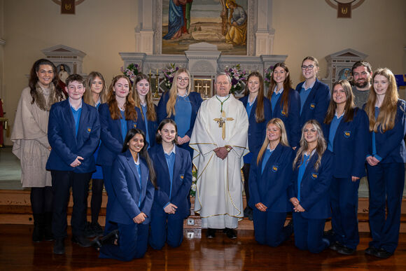 Bishop Fintan Gavin with students and staff of Christ King Secondary School on the South Douglas Road, Cork.