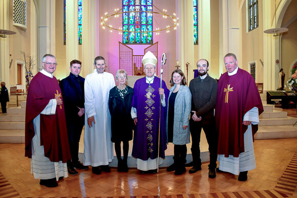 At the Cathedral of St. Mary and St. Anne, Cork, where Paul Ryan was instituted as an Acolyte. (left to right) FR Robert Young Co-PP Kinsale Family of Parishes, Tomás Ryan, Paul and his wife Brid, Bishop Fintan Gavin, Anne Ryan, Caleb Cotter and Fr Seam Crowley CC Cathedral Family of Parishes.