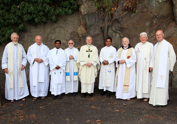 Bishop Fintan Gavin withy concelebrating priests, L to R., Fr Silvester O’Flynn OFM Cap., Fr Aidan Vaughan OFm Cap, Fr Tijo John, Fr Ken Cooney SMA, Fr Frasad Rad, Fr Dermot Lynch OFM Cap, Fr Declan Mansfield and Fr. Sean O’Sullivan.  . Photo, Tony O’Connell.