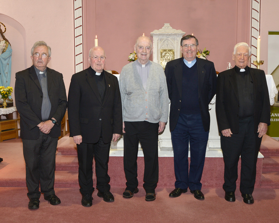 At the Paltinum Jubilee Mass for Fr. Tim O'Sullivan at Canovee Church were Fr Liam O hIcí,Ovens; Mons Kevin O'Callaghan, AP Ovens and Kilmurry; Fr Tim; Fr Bernard Donovan PP Kilmurry and Fr. Richard Augustine Wall SMA who is also a Kilmurry native. (Pic Peter Scanlan)
