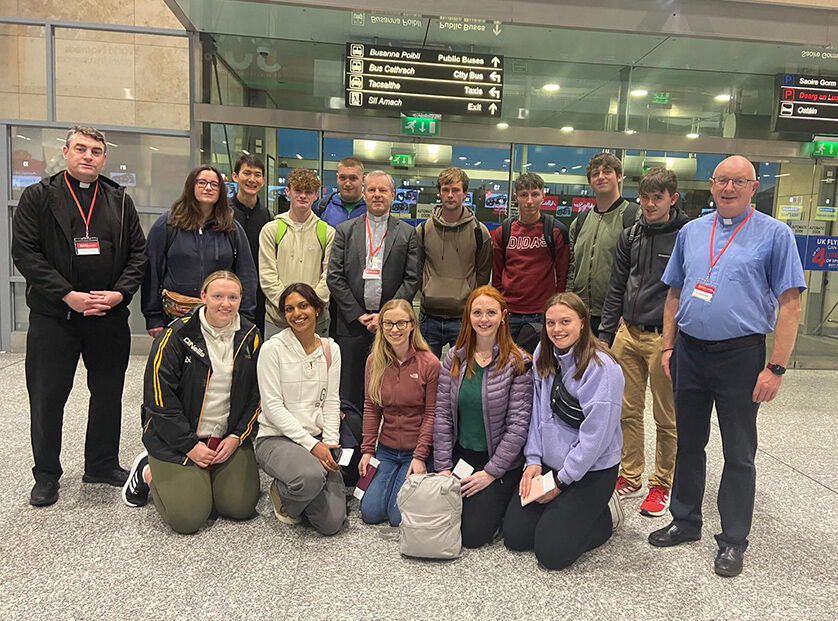 On the Cork and Ross pilgrimage to Lourdes 2023, the young adult helpers are all ready to depart to Lourdes with Fr Marius, Fr Charlie, Bishop Fintan and Shiela Kelleher.