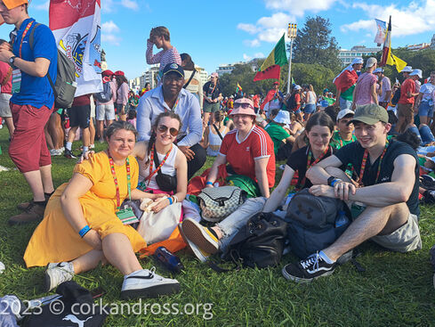 Rosaleen Piero Doyle, Rebekah Dilworth, Amy Jenks, Ena O'Driscoll and Michael Collins before the WYD opening Mass.