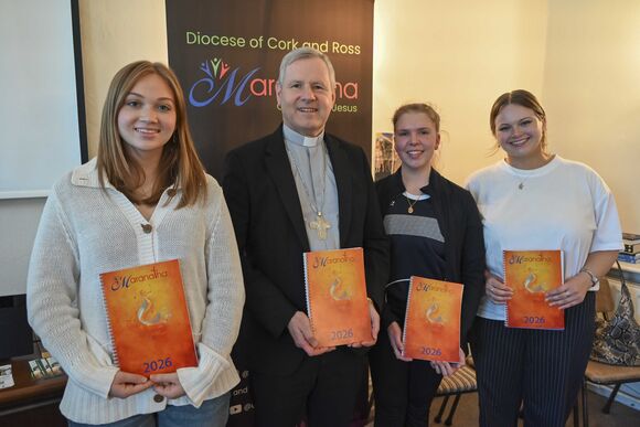 Bishop Fintan with Ella Smith, Aislinn Walsh and Anna Smith at the launch of Maranatha 2026.