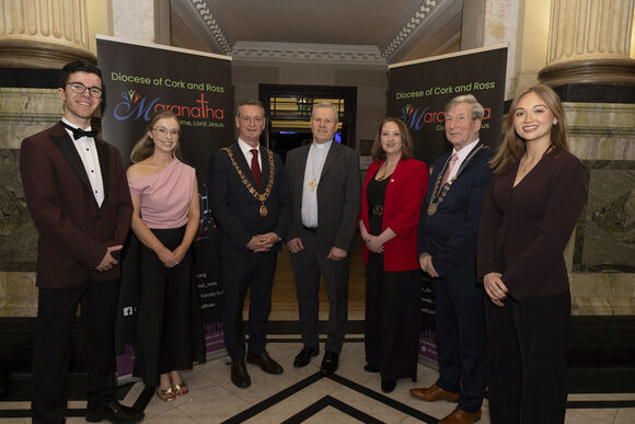 L-R: Michael Lane, MC; Sheila Kelleher, Diocesan Coordinator for Youth Ministry; The Lord Mayor of Cork, Cllr. Fergal Dennehy; Bishop Fintan Gavin, Bishop of Cork and Ross Diocese; the Lady Mayoress, Karen Brennan;  Cllr. Michal Looney, Deputising for the Mayor of the County of Cork; Ella Smith, MC
